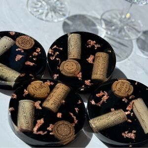 Set of 4 handmade Black Resin Coasters with Cork Accents and rose gold leaf
